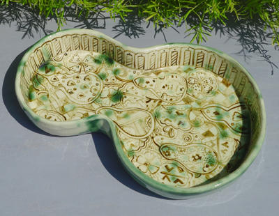 生徒作品　織部瓢箪文皿