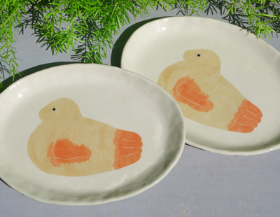 生徒作品　和紙染め鳥文楕円皿